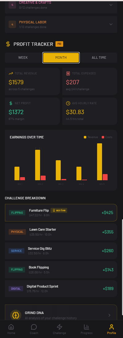 Profit tracker showing revenue and hourly rate by challenge